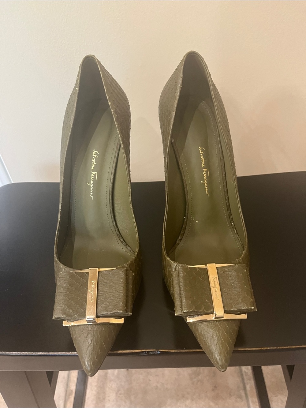 Salvatore Ferragamo Olive Green Pointed Toe Bow Pumps with Gold Accent - Picture 6 of 16